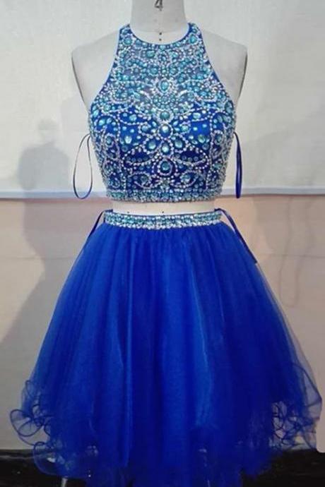 High quality Halter Royal Blue Homecoming Dresses 2017 Fashion Short Two Pieces Prom Dresses backless tulle vestidos de festa