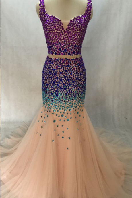 Fashion Sweetheart Sparkly Beaded Glitter Diamond Rhinestones Mermaid Crop Top 2 Two Piece Prom Dresses 2015 Formal Maxi Gown