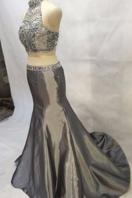 Custom Design Gray Crystal Two Piece Prom Dresses Long Evening Dresses Graduation Homecoming Mermaid Pageant Gowns