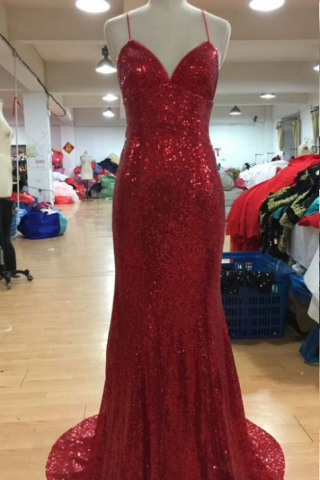 Sexy Prom Dresses with V Neckline Criss-Cross Backless Bling Bling Mermaid Prom Dress 2017 red Sequins Evening Dresses