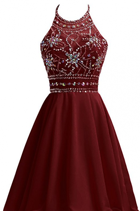 Burgundy Chiffon Homecoming Dresses For Juniors Halter Prom Party Ball Gowns