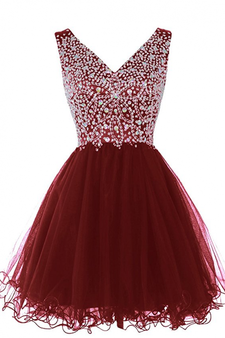Women's Wine Red Fantastic Short V-neck Prom Dress Homecoming Dress With Beads