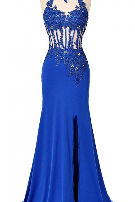 Long Mermaid Lace Evening Party Gowns Side Split Beaded Prom Formal Dresses