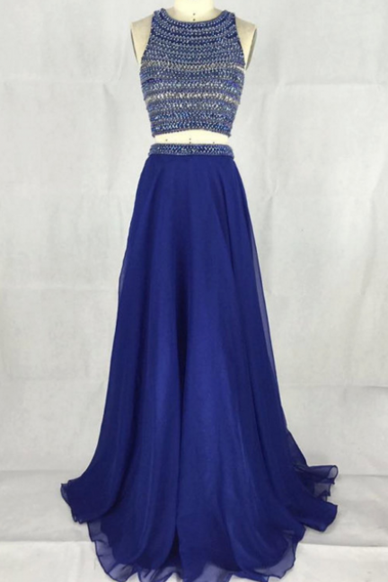 Real Sample Two Piece Prom Dress 2017 High Neck Sexy Side Slit Heavy Crystal Beaded Long Evening Dress Blue Formal Party Dress