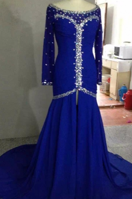 Luxury Original Royal Blue Black Mermaid Evening Dress Long Sleeves Split Front Crystal Pageant Prom Dress