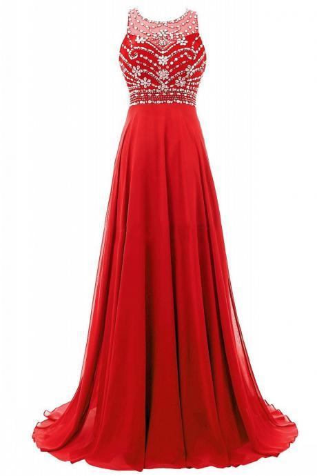 Sleeveless Beading Prom Dresses,a-line Red Prom Dress
