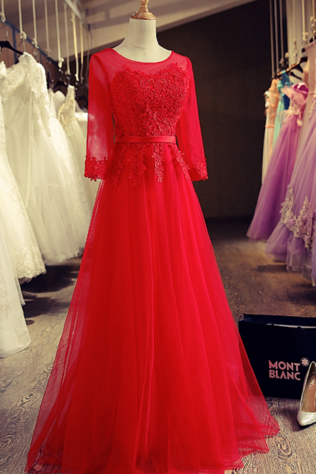 Long Sleeve Red Applique A-Line Bandage Tulle Prom Dress/Evening Dress