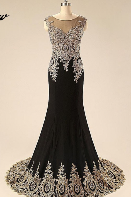 Exquisite Gold Lace Applique Black Spandex Long Mermaid Formal Women Dress Evening Gown Vestido De Longo