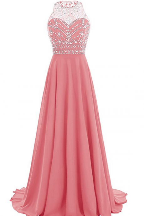 Long Chiffon Beadings Scoop Prom Party Dresses Evening Gown