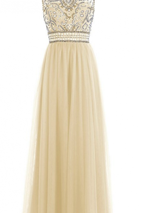Long Tulle Beaded Boatneck Prom Gown Formal Party Dresses