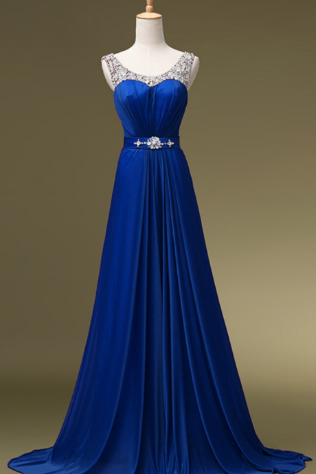 Royal Blue Long Chiffon Floral Beadings Scoop A Line Evening Gown Prom Party Dresses