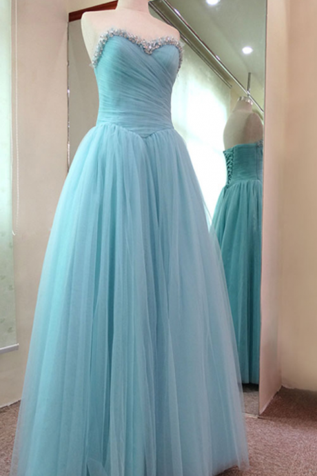 Blue Princess Prom Dresses,beaded Neckline Lace-up Back Prom Dresses