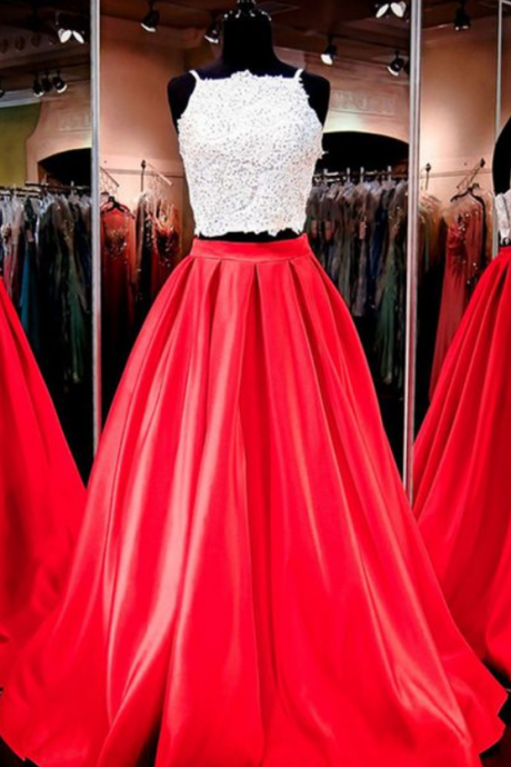 Two Piece Prom Dresses,spaghetti Straps Prom Dresses,satin Evening Dresses,red Evening Gowns,modest Prom Dresses