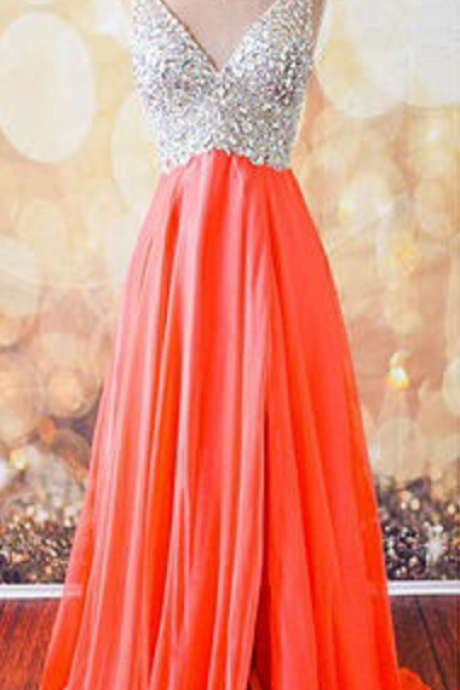 A-line V-neck Prom Dress,chiffon Skirt Beaded Bodice Long Prom Gown