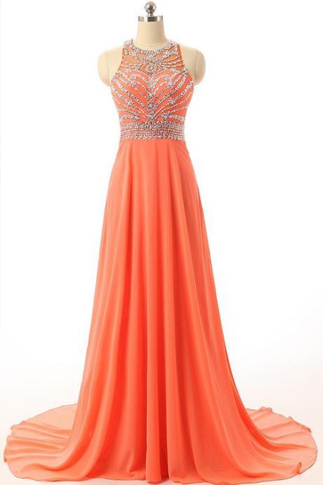 Chiffon Prom Dress, Orange Prom Dress, Long Prom Dress, Criss Cross Prom Dress, Prom Dress With Beading