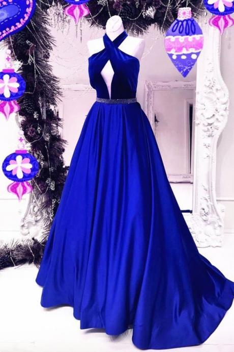 Custom Made Royal Blue Prom Dress,halter Party Dress,sleeveless Party Dress,high Quality