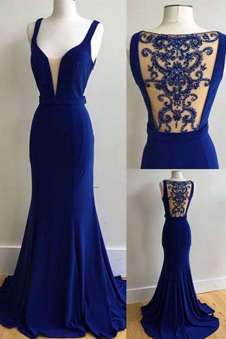 Elegant Royal Blue Chiffon Long Beading Prom Dress, See Through Back Halter Evening Dress