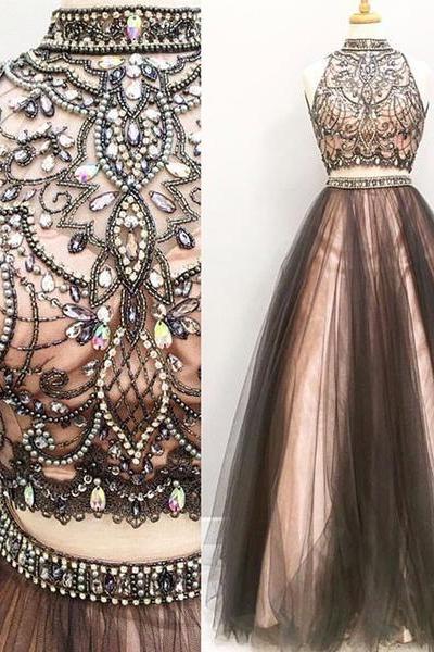 High Neck Prom Dresses,two Pieces Prom Dresses,tulle Evening Dresses,long Prom Dresses,beading Prom Dresses,sleeveless Prom Dresses,elegant