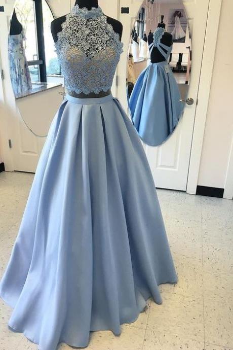Two Piece Sky Blue Prom Dress, 2017 Two Piece Sky Blue Long Prom Dress