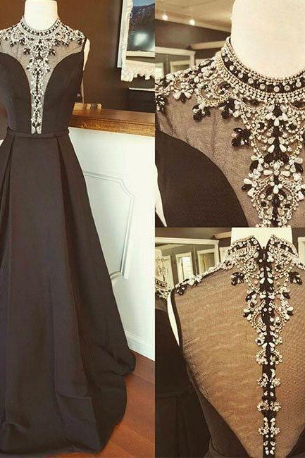 Elegant A-line High Neck Black Long Prom Dress With Beading