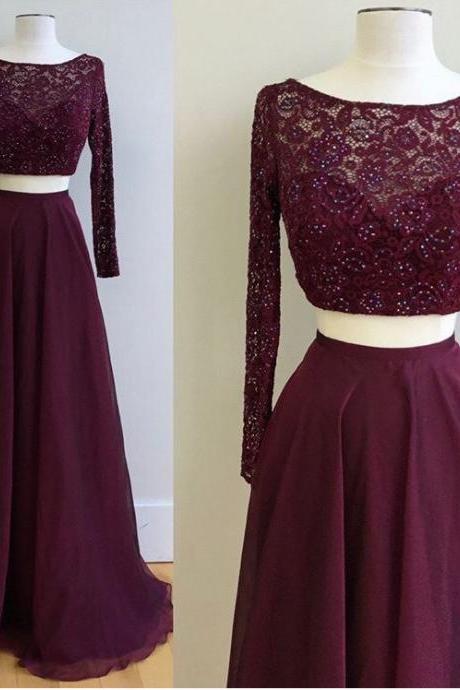 Two Pieces Prom Dress with Long Sleeves, Graduation Party Dresses, Banquet Dresses, Formal Dresses