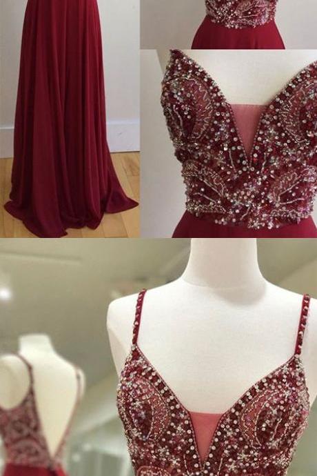 Long Beads Prom Gowns Celebrity Dresses Wedding Party Dresses Spaghetti Straps