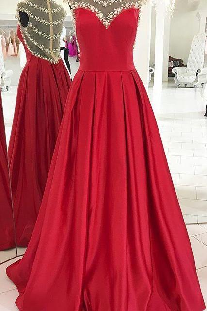 Sexy Prom Dress,Sheer Neck Pearl Beading Prom Dresses, Charming Prom Gown, Formal Red Prom Evening Dresses 