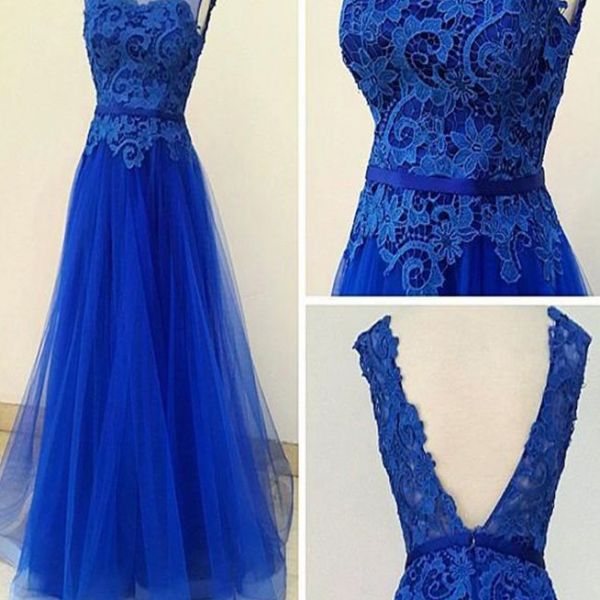 A Line V Neck Back Lace Tulle Royal Blue Floor Length Evening Dress on