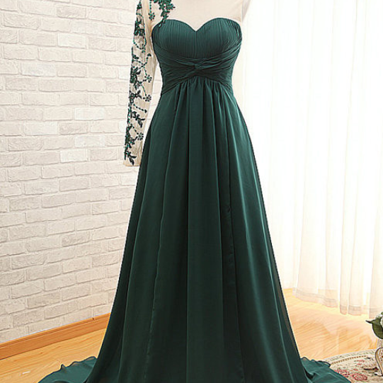 Real Photos One Shoulder Green Sparkly Prom Dresses Long Sleeve Evening ...