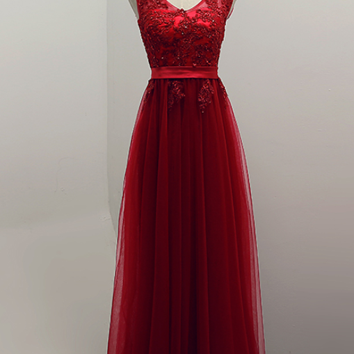 Wine Red V-neckline Prom Dresses , New Pretty Style Prom Gowns, Tulle ...