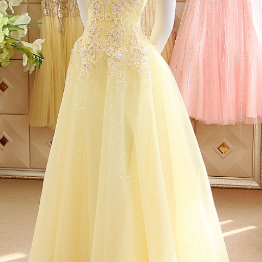 Pastel Yellow Cap Sleeves Sequined Tulle Prom Dresses sexy V Neck Beads Appliques Long Party Dresse on Luulla