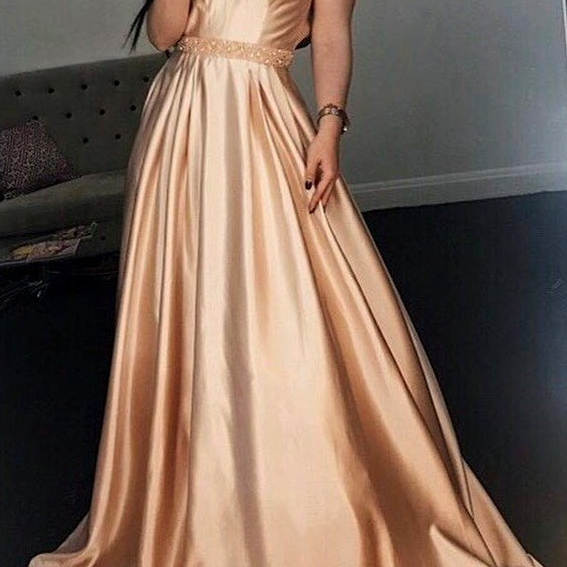 Gold Satin Off The Shoulder Prom Dresses Long A-line Evening Dresses ...