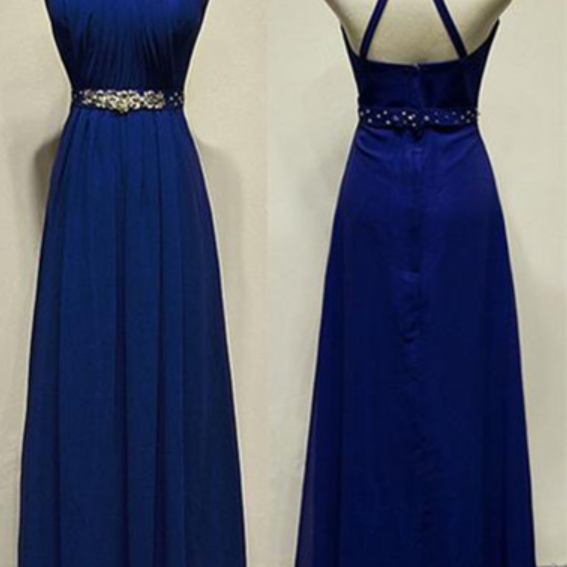 Royal Blue A-line Floor-length Beading Sleeveless Long Chiffon Formal Prom Dresses