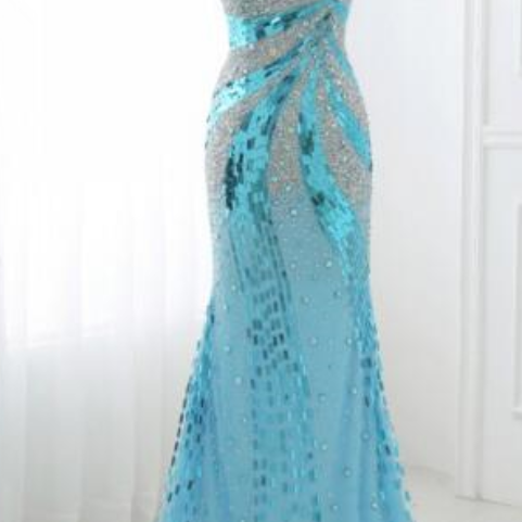 Fashionable Women's Party Dress Blue Beaded Sequins Mermaid Dance Dress