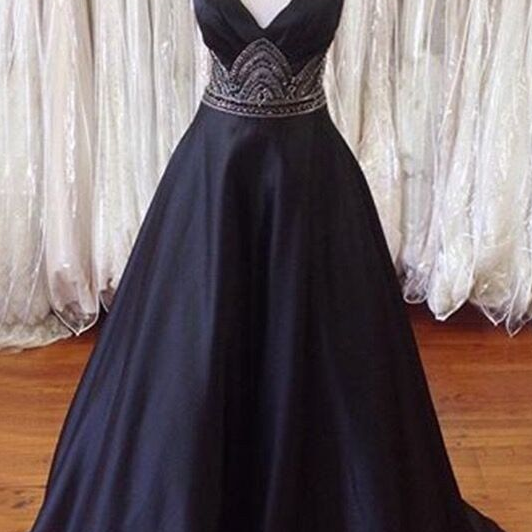 Spaghetti Straps Open Back Black Prom Dress With Beading Evening ...