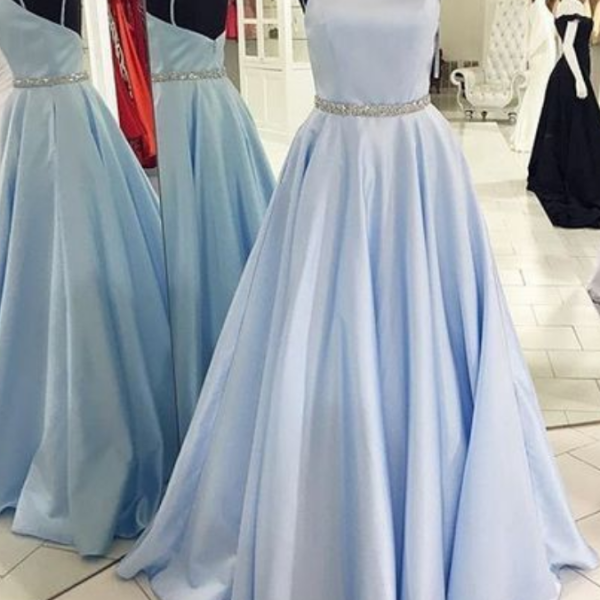 Light Blue Long Satin Prom Dress With Beaded Waist Evening Dresses on ...