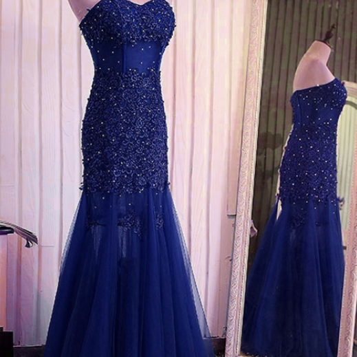The Dark Blue Mermaid Lace Wedding Dress PROM Party Beauty Tulle Beaded ...