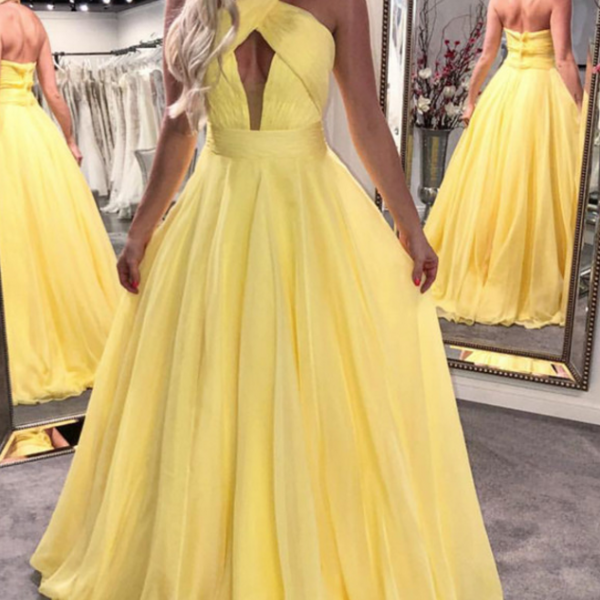 Halter Prom Dress,yellow Prom Dress,long Prom Dress,chiffon Prom Dress,open Back Prom Dresses on