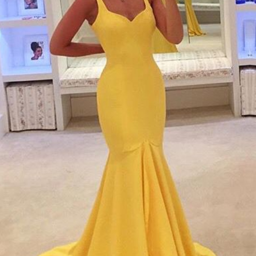 Pretty Mermaid Spaghetti Straps Long Yellow Party Dresses Prom Dresses main image 1