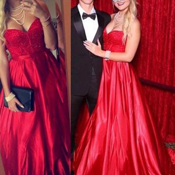 A-Line Sweetheart Sweep Train Red Prom Dress with Appliques Beading   cg16593