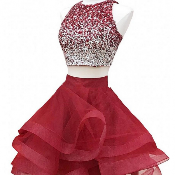 Sparkly Two Piece Red Homecoming Dresses Sequins Beaded Tulle Puffy ...