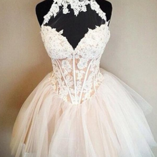 Ball Gown White Nude Short Homecoming Dresses High Neck Appliques Tulle