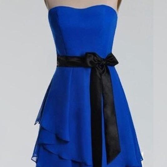 Strapless Royal Blue Ruched Bow A-line Formal Gown