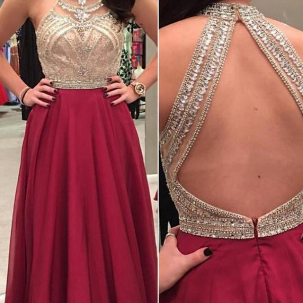 Halter Rhinestone Beaded Purple A-line Long Evening Prom Dresses, 17678 main image 0