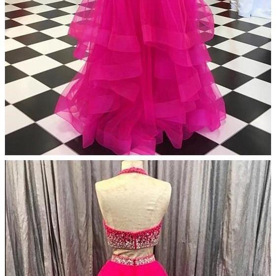 Ball Gown Halter Sleeveless Beading Tulle Prom Dresses main image 1