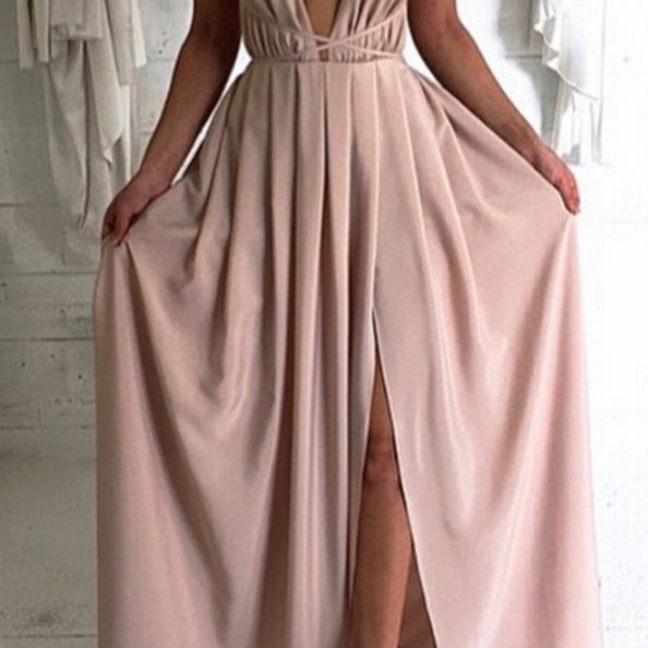 Blush Pink Deep V neck Tight Prom Dress with Sleeves main image 1