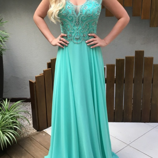 Mint Green Crystals Chiffon Prom Dresses Long Party Dress on Luulla