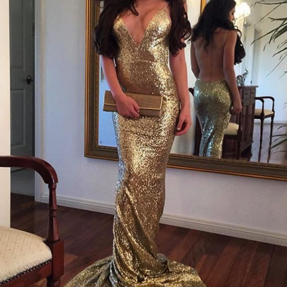 Open Back Chiffon Dresses with Deep V-neck Gold Plus Size