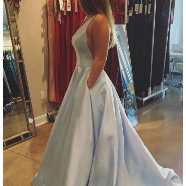A Line Deep V Neck Satin Prom Dresses with Pleats LBQ1319 main image 1