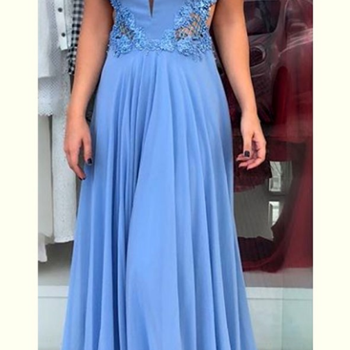 Classic Chiffon Dress with Deep V Neck Blue